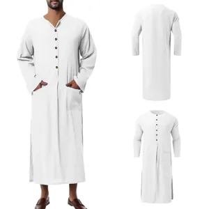 Robe de Kaftan ethnique blanche à manches longues pour hommes avec boutons et poches