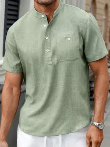 Close-up detail of a sage green men's linen-look Henley shirt with stand collar and pocket