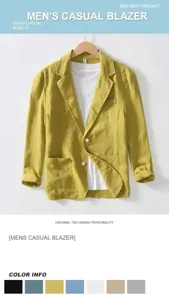 Primer plano de una americana informal de lino amarillo para hombre con solapa fina