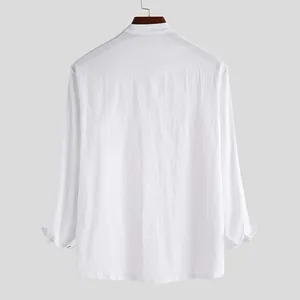 Back view of a minimalist white cotton linen long sleeve shirt for men with a stand collar.