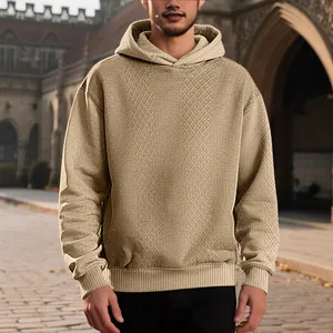 Stylish men's khaki jacquard hooded sweatshirt with textured pattern and comfortable loose fit