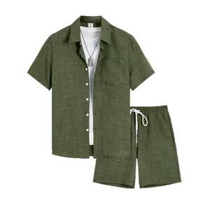 Men's summer beach two-piece set featuring textured olive green shirt and shorts.