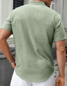 Back view of a men's sage green short-sleeve casual shirt featuring a linen texture
