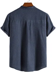 Back view of a men's navy blue vertical striped short-sleeved shirt on a hanger