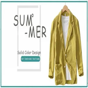 Vista detallada de una americana casual amarilla de lino y algodón en percha