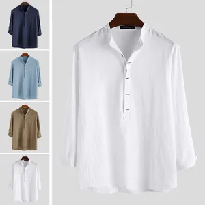 Casual men's long sleeve cotton linen Henley shirt available in multiple solid colors