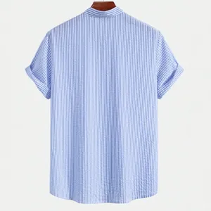 Detailed back view of a men's blue vertical striped seersucker shirt with stand collar