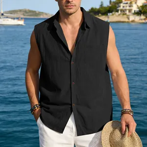 Men's black sleeveless cotton linen shirt for summer beach holiday in a loose casual fit