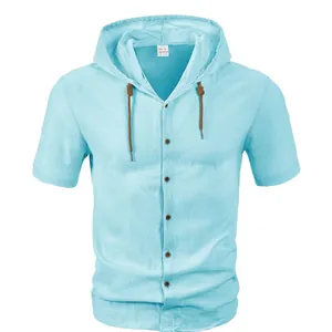 Casual light blue short-sleeved hooded button-down shirt for men made from 100% cotton