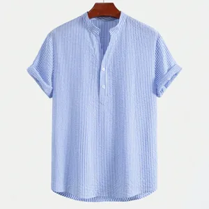 Men's light blue striped seersucker short sleeve shirt with trendy henley stand collar