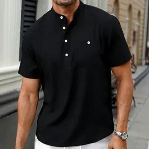 Men Casual Polyester Short Sleeve Top Henley Shirt Stand Collar Solid Color Breathable Summer Top With Chest Pocket