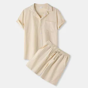 Men's summer cotton two-piece set with short sleeve lapel shirt and drawstring shorts