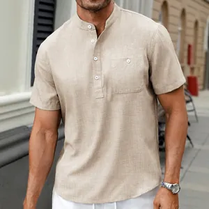 Classic khaki short-sleeved Henley shirt with stand collar and front pocket for men