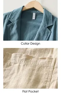 Primer plano del cuello y el bolsillo de un blazer de lino para hombre, estilo casual