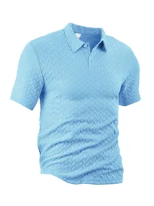 Detail of light blue short-sleeve polo shirt with textured herringbone pattern