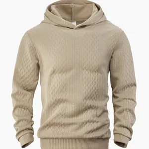 Premium men's khaki jacquard hooded sweatshirt with textured diamond knit pattern