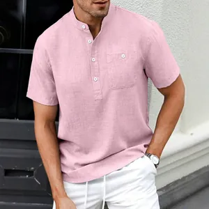Summer men's casual light pink short sleeve Henley shirt with stand collar and front pocket