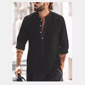 Men's casual black long sleeve Henley shirt with stand collar and slub linen fabric