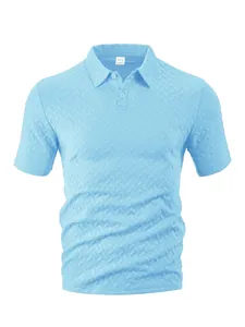 Detail view of light blue waffle jacquard texture on men's short sleeve polo shirt