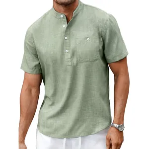 Men's sage green short-sleeve Henley shirt with stand collar and linen texture