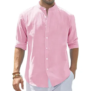 Men's Casual Mandarin Collar Shirt Cotton Blend Long Sleeve Slim Fit Solid Color Button Down Top For Spring Autumn