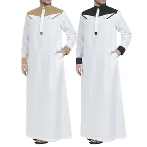 Elegant men's long sleeve Muslim thobe robe with stylish patchwork contrast color details