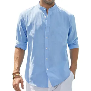 Men's light blue slim fit cotton linen shirt with stand collar and long sleeves, casual style.