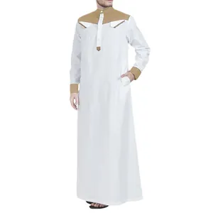 Elegant white men's thobe with tan patchwork, minimalist long sleeve ethnic robe