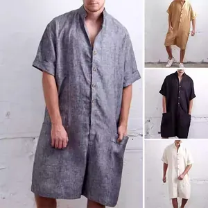 Men's Workwear Jumpsuit Short Sleeve Stand Collar Loose Casual Button Up Street Romper Shorts Jumpsuit For Men One Piece