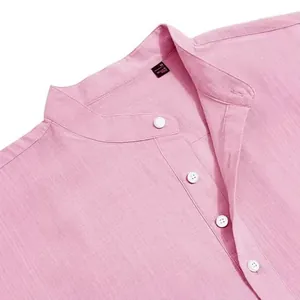 Premium close-up of pink men's stand collar shirt in breathable cotton linen fabric