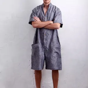 Casual men's short sleeve utility jumpsuit with stand collar and large pockets