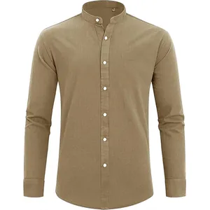 Classic men's khaki long-sleeve mandarin collar shirt crafted from cotton linen blend