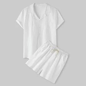 High quality view of the breathable white cotton fabric on men's summer two-piece outfit