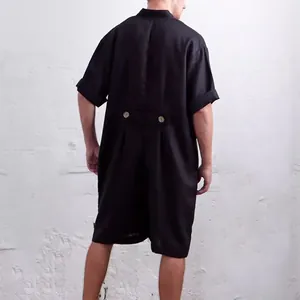 Men's loose short sleeve romper jumpsuit with stand collar and decorative back button detail