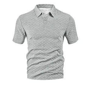 Men Casual Polyester Polo Shirt Waffle Jacquard Texture Short Sleeve Lapel Top Solid Color Breathable Summer Fashion Wear