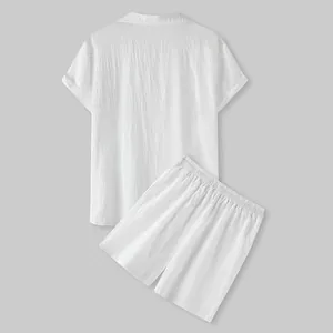 Detailansicht weißes Baumwoll-Leinen Herren Kurzarmhemd und Shorts Freizeitset