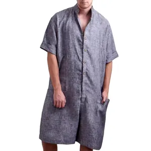 Men's loose workwear romper with stand collar and short sleeves in grey linen texture
