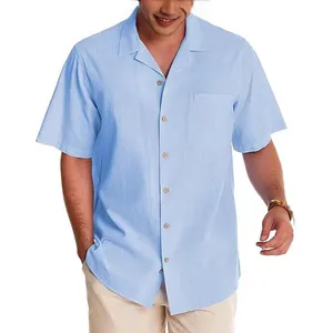 Men Casual Cuban Collar Short Sleeve Shirt Cotton Blend Summer Beach Vacation Hawaiian Shirt With Button Front Chest Pocket