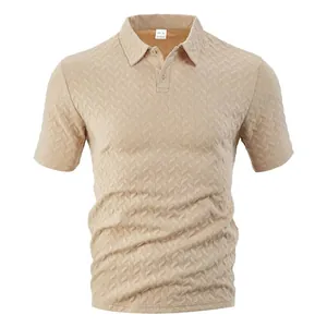 Men's khaki waffle jacquard polo shirt with short sleeves and stylish button-down collar.