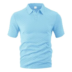 Men's light blue waffle jacquard short sleeve polo shirt with herringbone texture