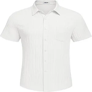 Detail of white men's short sleeve shirt with vertical pleated texture and pocket