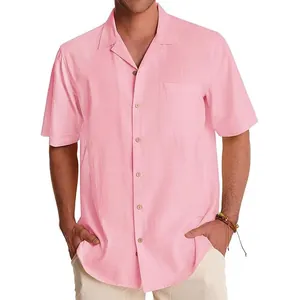 Stylish pink men's short sleeve Cuban collar button down casual cotton summer beach shirt