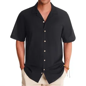Classic black men's casual Cuban collar short sleeve cotton button down beach shirt