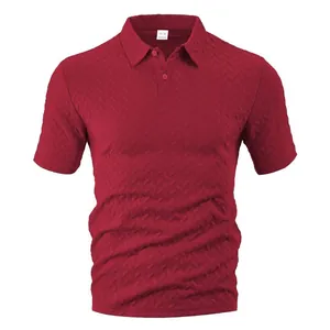 Men's casual burgundy short sleeve polo shirt featuring a textured waffle jacquard design