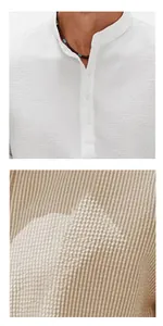 Detailed close-up of men's mandarin collar and breathable pineapple grid fabric
