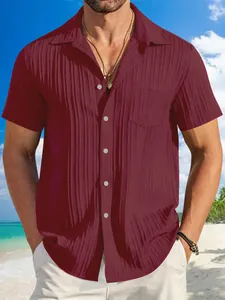 Detail view of men's burgundy short-sleeve pleated breathable button-down casual shirt.