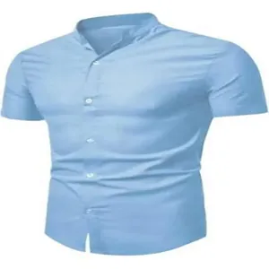 Elegant men's light blue stand collar short sleeve casual shirt featuring a slim fit design