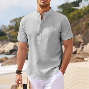 Close-up of men's casual henley shirt with stand collar and unique pineapple grid texture