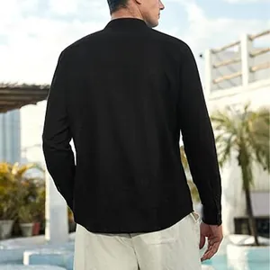 Men's casual black cotton linen long sleeve Henley shirt for summer beach wear