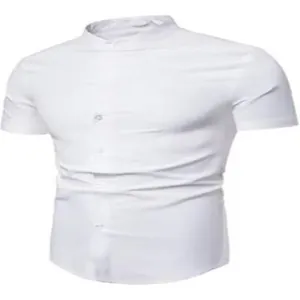 Detail showing the mandarin collar and button closure of a men's white short sleeve shirt
